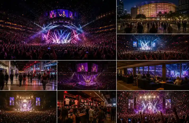 Large live concert inside Toyota Center in Houston featuring a massive illuminated stage, energetic crowds, dramatic lighting effects, confetti, premium lounge seating, and a vibrant indoor entertainment atmosphere during a sold-out event.